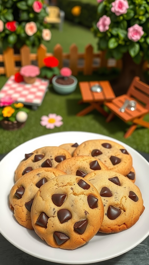 A plate of chocolate chip cookies in a cozy Animal Crossing-inspired yard setting.